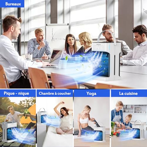 Portable Mobile Air Conditioner, 1100ML Air Cooler with 3 Air Speeds & 3 Cooling Mists, 2-8H Timer & 7 LEDs, USB Mobile Clim for Bedrooms, Apartments and Offices