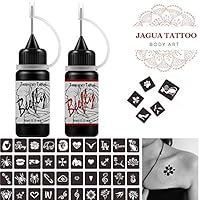 Jagua Temporary Tattoos Kit, Semi Permanent Freehand Ink/Paste, DIY Tattoos Temp for Kids Women Adults(Organic Jagua Tattoo)24 Pcs Free Adhesive Stencils, For DIY Tattoo Fake Freckle,Full Kit 2 Color