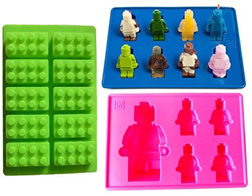 Ice Cube Trays and Candy Molds - Lego Building Bricks and Figures (Green&Hot Pink&Blue)