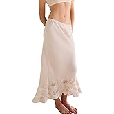 Women Lace Trim Satin Long Skirt Asymmetrical Silk Lace Skirt Elegant Elastic Waist Flowy A Line Midi Underskirt