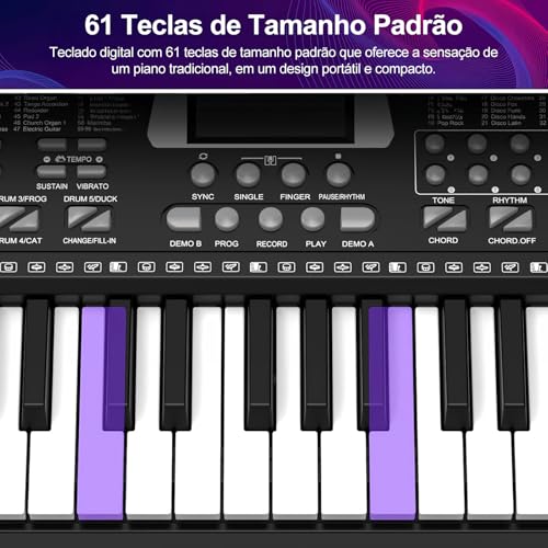 Teclado Musical 61 Teclas Piano Digital Eletrônico com Microfone Alto-falante Integrado Teclado Portátil Iniciante Teclado Musical Profissional