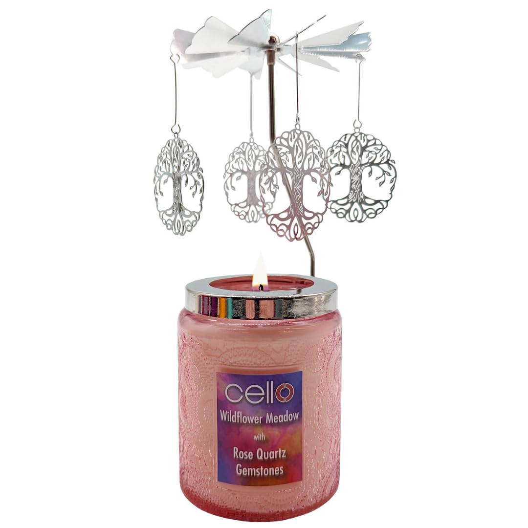 Cello Rose Quartz Scented Candle with Spinner - Stunning Crystal Candle Carousel and Rotary Holder - Anxiety Gifts for Women