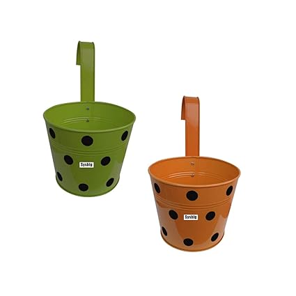 Kraftsplanet Garden Decor Set of Two Polka Design Railing with Detachable Hooks and Handle Planter c gugugduontainer Set.