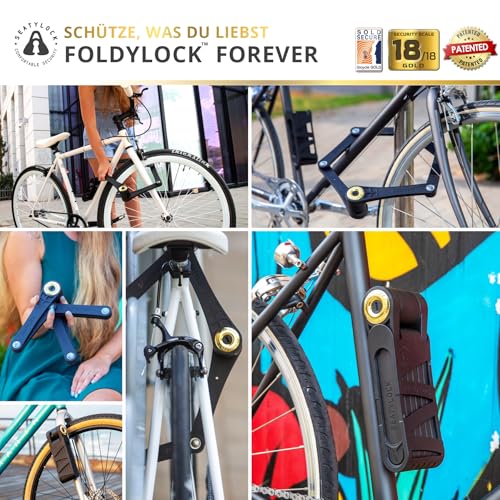 FoldyLock Forever Bicycle Lock with Key - Patented Folding Lock with Bracket - Test Winner Sold Secure Gold Bicycle Accessories - High Security for City Bikes and eBike - 90 cm
