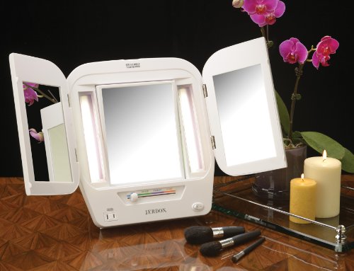 Jerdon JGL10W Euro Tri-Fold Lighted Mirror with 5x Magnification, 4-Light Settings, White Finish