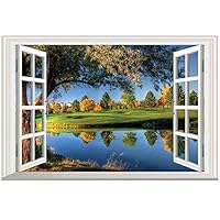 DNVEN 24 inches x 16 inches 3D High Definition Peaceful Lake Big Trees Clean Rivers Nature Forests Scenery False Faux Window Frame Window Mural Vinyl Bedroom Living Room Playroom Wall Decals Stickers