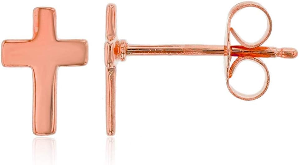 Rose Gold Polished Sterling Silver Cross Stud Earrings for Women | 6x9mm Cross Stud Earrings | Secure Friction Back Closure | 14k Plated Shiny Classic Earrings