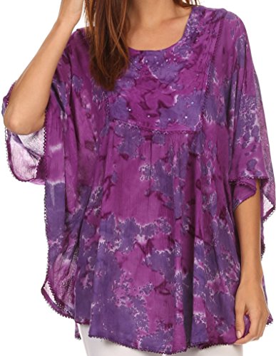 Sakkas 16031 - Cleeo Long Wide Tie Dye Lace Embroidered Sequin Poncho Blouse Top Cover Up - Purple - OS