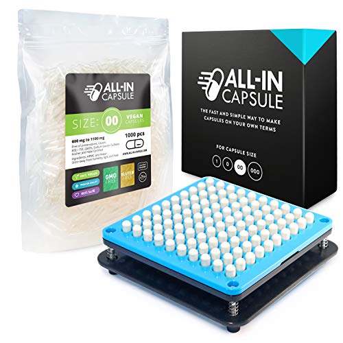 ALL-IN Capsule Filling Machine for Size 00 Bundle With 1000 Clear Vegetarian Capsules - Make Your Own Capsules Now Easier and Faster - Clear Illustrated Instructions With Video
