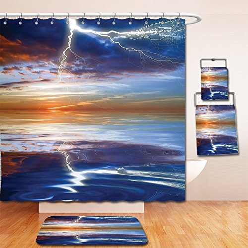 Click Here to See More Images Nalahome Bath Suit: Showercurtain Bathrug Bathtowel Handtowel Lake House Decor Lightning over the Sea with Reflections Storm Theme Mother Earth Zen Decor Image Orange Blue