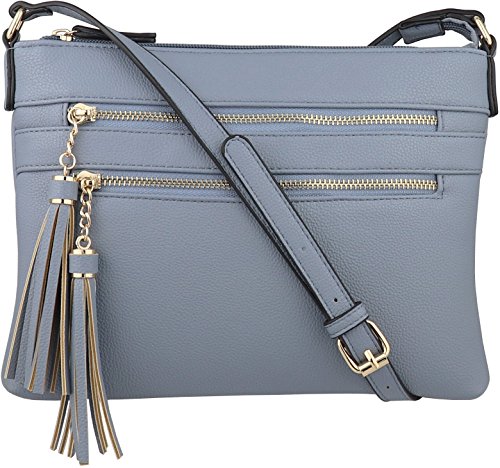 B BRENTANO Vegan Multi-Zipper Crossbody Handbag Purse with Tassel Accents (Blue) - Thumbnail 7