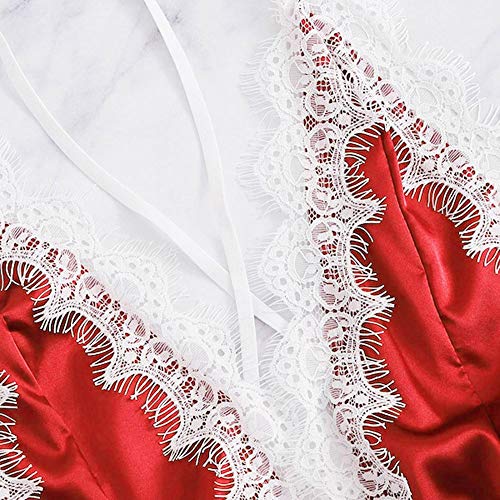Clearance! Women Lingerie Bodysuit Satin Pajamas Teddy Lace V-Neck One Piece Sleepwear Shorts Jumpsuit Romper (Red#1, XXXL) - Thumbnail 3