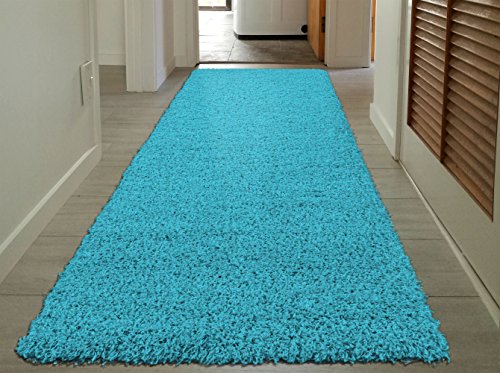 Cozy Shag Collection Turquoise Blue Solid Shag Rug (2'7 X 7'6) Contemporary Living and Bedroom Soft Shaggy Runner Rug