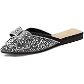 DISHAHSD Rhinestone Bow for Women Flat Mules Pointed Toe Backless Slip On Mules Ladies Comfort Soft Sole Flat Loafer