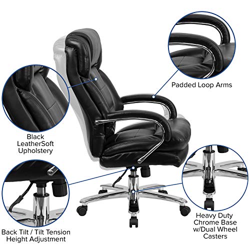 Flash Furniture HERCULES Series 24/7 Intensive Use Big & Tall 500 lb. Rated Black Leather Executive Swivel Chair with Loop Arms