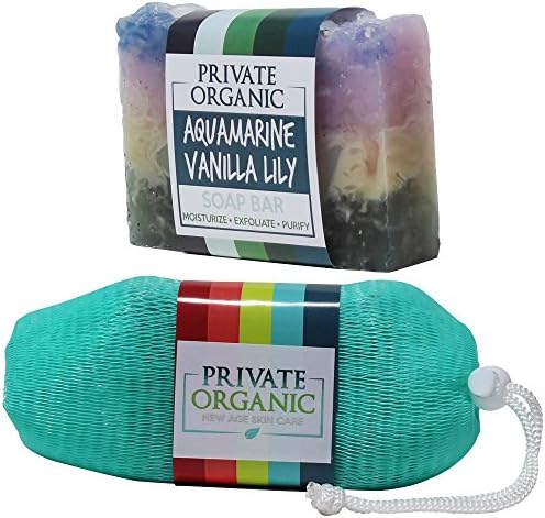 All Natural Vegan Bar Soaps - USDA Certified Organic- Handmade - Exfoliating & Moisturizing- Beautiful Scent- Best For Body/ Face/ Hands - With Soap Saver Pouch (Aquamarine Vanilla Lily)