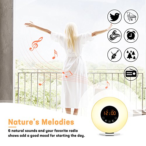 Wake Up Light Alarm Clock with Sunrise Sunset Simulation[2018 New Arrival] Include 6 Natural Sounds/FM Clock Radio/10 Brightness Levels/7 Colors Night Light/Snooze Function - Thumbnail 3
