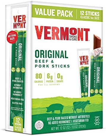Vermont Smoke & Cure Meat Sticks - Antibiotic Free Beef & Pork - Gluten Free - Paleo and Keto Friendly - Original Flavor - 1oz Jerky Stick - 12 Count