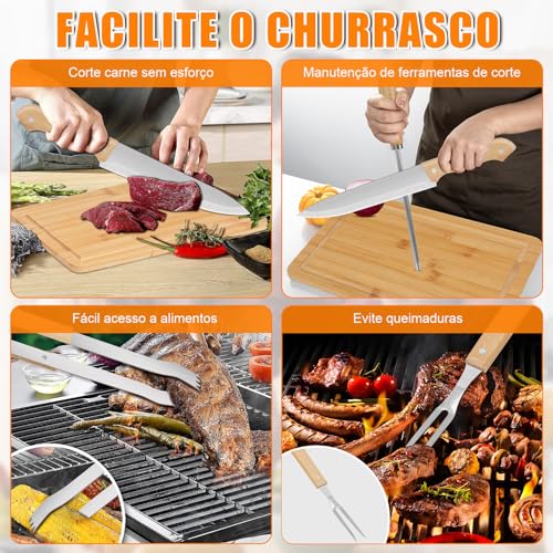 Jogo para Churrasco Inox 6 peças, Kit de Churrasco com Tábua de Bambu, Kit Tábua para Churrasco, Kit Churrasco com Tabua, Kit Churrasco Conjunto, Facas para Churrasco, Jogo de Facas