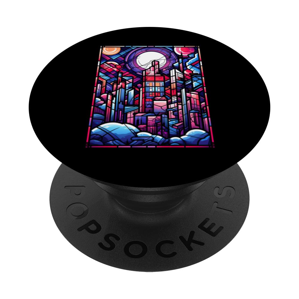 Geometric Stained Glass Vaporwave City Japanese Aesthetic PopSockets Swappable PopGrip