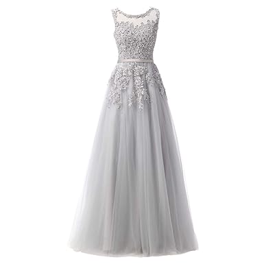 FYMNSI Damen Elegant Spitze Applique Brautjungfernkleid A-Linie Tüll Maxikleid Hochzeitskleid Festliche Festkleid Cocktailkle
