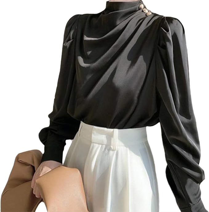 Amazon Yiyangブラウス レディース シャツ 長袖 カットソー ハイネック 無地 きれいめ トップス 上品 Ol オフィス カジュアル 大人 おしゃれ 普段着 通勤 シャツ ブラウス 通販