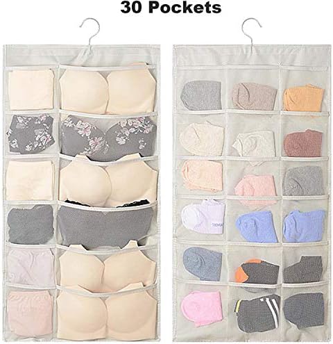 Ousuo Underwear Socks Jewellery Bra Closet Hanging Storage Pockets Bags Double-Sided Hanging Wardrobe Organiser Heavy Duty Bathroom Storeroom Dorm Clothes Organizer Bag (Beige, 30 Pockets)