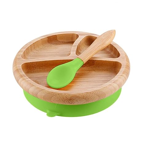 baby Tischset Schüssel Bambusschale Saugplatte aus Silikon Löffel Set - Müslischale Obstschale Holzschale Salatschüssel