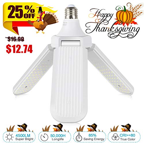 LED Adjustable Light for Garage,4500LM Garage Workshop Lighting, 6500K Shop Lights for Garage, 3 Deformable Work Lights Ceiling, E26 Screw in 45W LED Fan Light for Basement,Workshop,Laundry Room