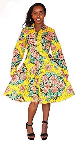FANS FACE African Printed Women Long Sleeve Button-Down Midi Dress Party Casualwear