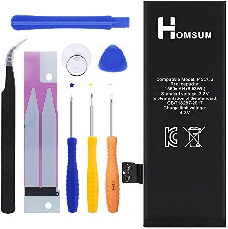 HOMSUM Battery for iPhone 5S &amp; 5C, with Complete Replacement Tools Kit, Glue Adhesive Strips and Instructions - New 1560 mAh 0 Cycle Replacement Battery [365 DAYS Warranty]