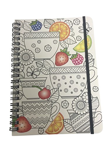 Small Wire Bound Spiral Bound Paperback Notebook, 5 X 7, 80 sheets/ 160 Pages, College Ruled, Use as a Diary, Journal, for Ideas, Color-Your-Own Design, Coffee/ Tea Cups and Fruit, Elastic Closure