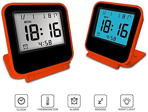 Travel clock,Digital Desk Clock wiith Alarm clock, Calendar, Temperature, Backlight, Repeating Snooze - Battery Operated (Orange)