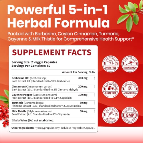 VEV Berberine Supplement with Ceylon Cinnamon, Cayenne Pepper, Turmeric, Milk Thistle – 120 Capsules