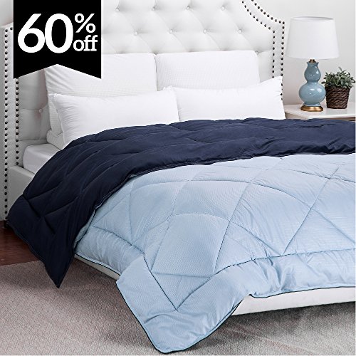 King Comforter Reversible Duvet Insert with Corner Ties-Quilted Down Alternative Comforter Diamond Stitching Design Navy/Light Blue 102