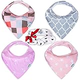 LovePink Baby Girl Bandana Drool Bibs by Pashoshi - 4 Pack of Cute Absorbent Cotton / Fleece Bibs with Free Feminine Headband - Modern & Fashionable Baby Gift Set for Girl Infant - 5 Star Product