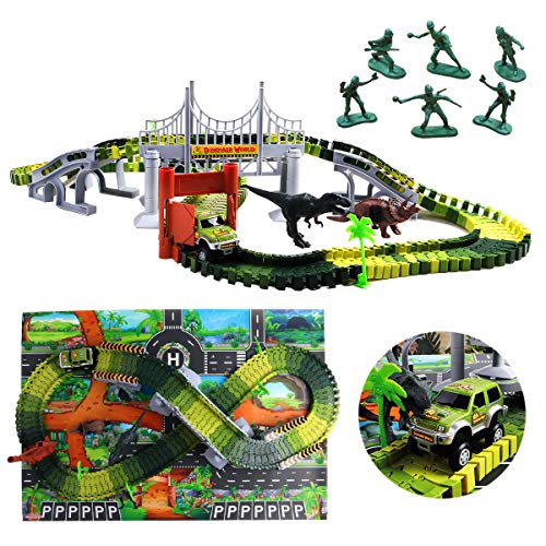 Dinosaur Toys Race Track with Dinosaur Play mat - 142 Pcs Race Car Track Sets Jurassic World Flexible Tracks Playset,2 Dinosaurs and Multiple Elements
