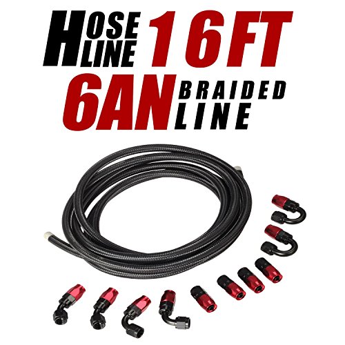 Vincos 16 Ft 6AN AN 6 Nylon and Stainless Steel Braided Oil Fuel Hose + 10pcs AN 6 Hose Fitting Kit Black+Red