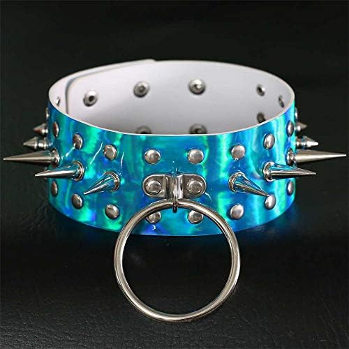Non-mainstream Skin Colorful Luminous Rings Spikes Collar Personality Bullet Rivet Necklace Neck Neck Belt (Color : Blue)