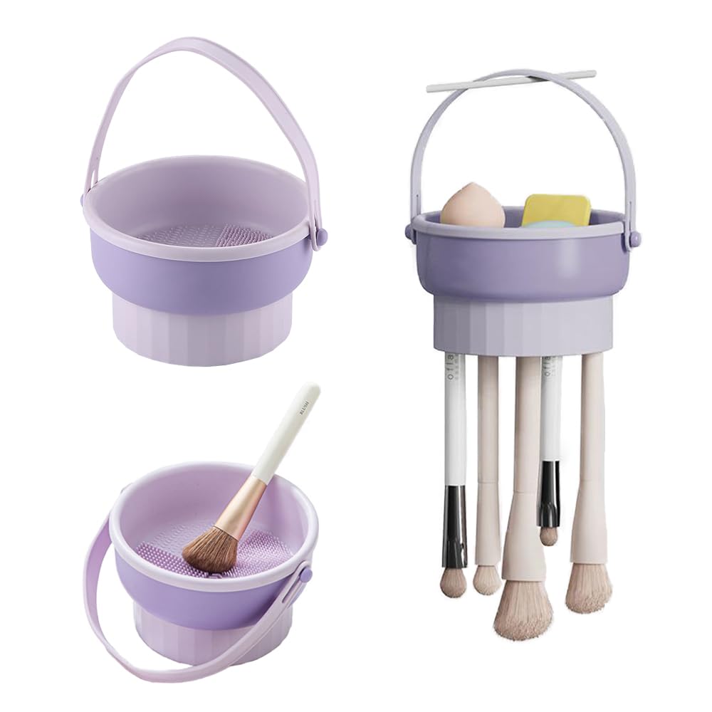 2 in 1 Silicone Makeup Brush Cleaning Mat with Brush Drying Holder, Portable Cosmetic Brush Cleaner