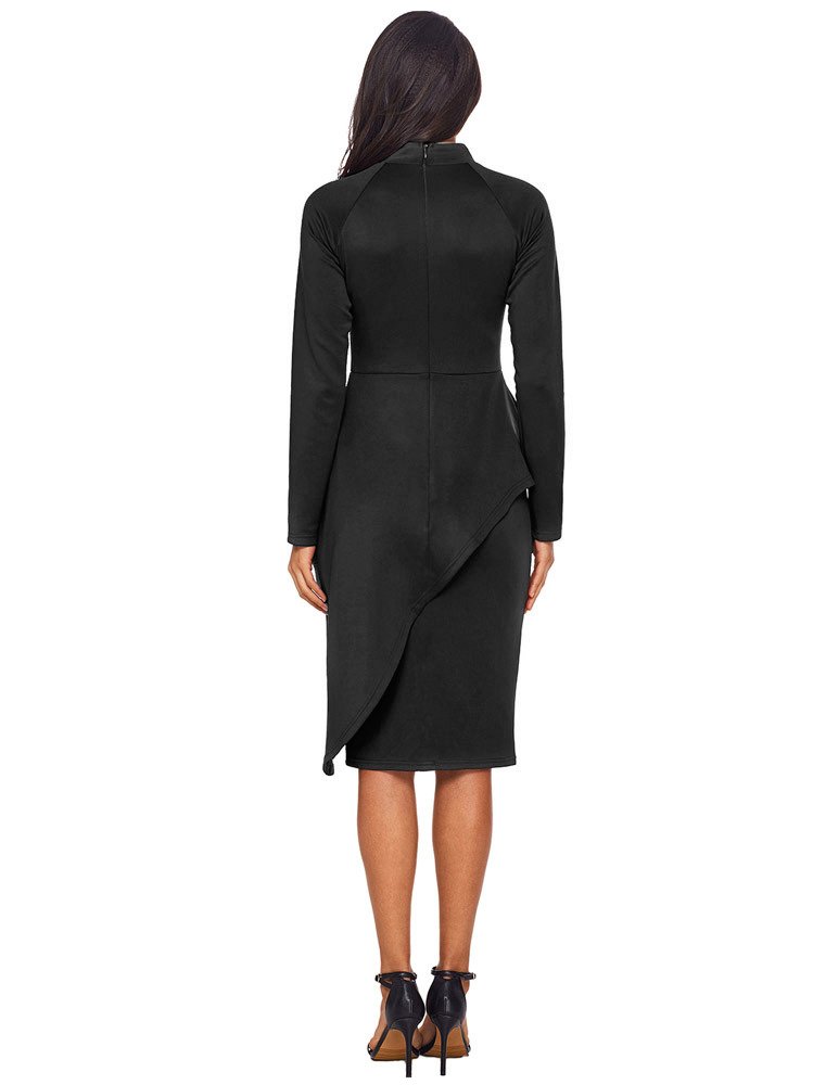 Women\'s Long Sleeve Bodycon Dress - Elegant Business Suits Tie Neck Peplum Pencil Dress Small Black