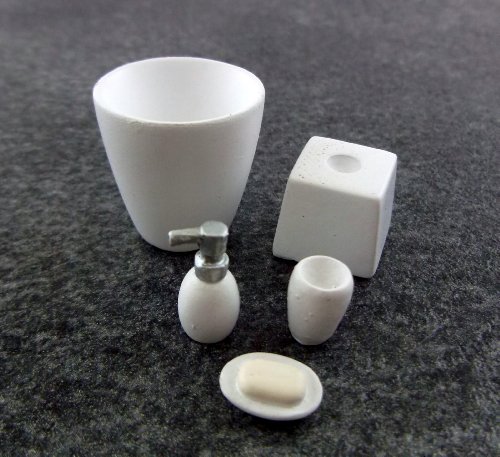 Houseworks, Ltd. Dolls House Miniature Modern White Bathroom Accessory Set Bin Soap Tumbler 5 Pc