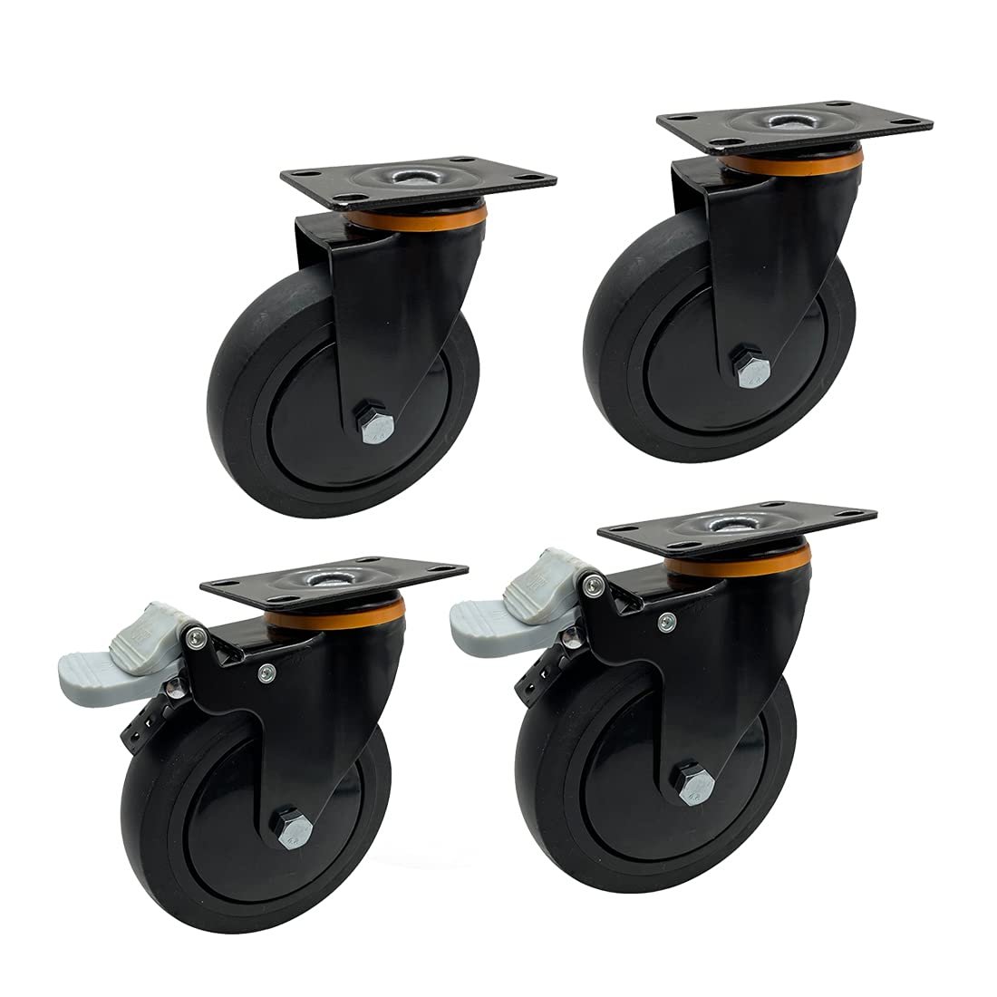 ybaymy 5'' Castor Wheels, Rubber Swivel Caster Wheels Set of 4 with 2 Brakes Trolley, Heavy Duty Plate Castor Wheels, Furniture Castors That Silent & 360ยฐ Moving & Over 280lb Load Bearing Capability