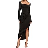 URYIAO Long Sleeve Bodycon Midi Dress Square Neck Ruched Slit Formal Cocktail Wedding Guest Dresses for Women Fall