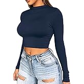 Artfish Women Long Sleeve Turtleneck Crop Top Mock Neck Tight Fitted Shirts