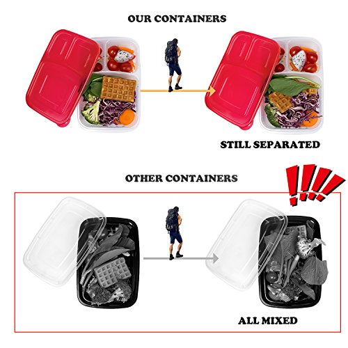 Meal Prep Containers,Bento Lunch Box,Reusable 3-Compartment Easy Open Safe Plastic Divided Food Storage Container Boxes for Kids Children Adults,Microwave,Dishwasher and Freezer BPA Free(6 Pcs)