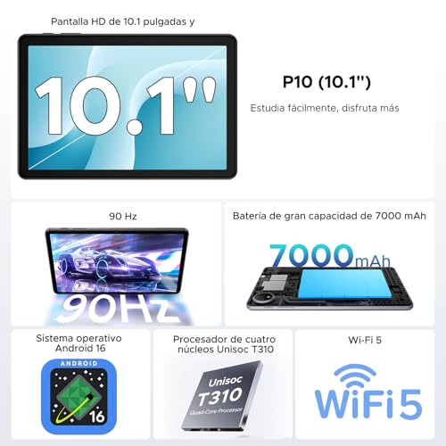 P10 Tablet Android 16, Tablet 10 Inch 48GB RAM+128GB ROM/2TB TF, Tablet with Keyboard and Pencil, 90Hz Screen, 7000mAh, Gemini AI, 5G WiFi, Face ID, 5W OTG, OTG, GPS, 0.3 cm, Widevine L1, Grey