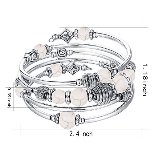 Pearl&Club Beaded Chakra Bangle Turquoise Bracelet - Fashion Jewelry Wrap Bracelet with Thick Silver Metal and Mala Beads, Birthday Gifts For Women (White Turquoise)