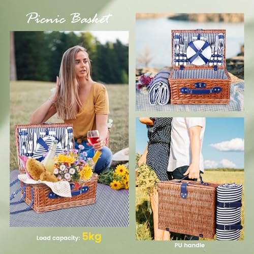 4 Person Picnic Basket, Wicker Picnic Set with Waterproof Picnic Blanket and Cutlery Set, Picnic Basket for Camping, Blue