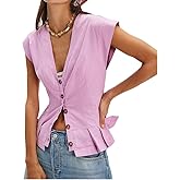 SurBepo Vest Tops for Women V-Neck Button Down Linen Blazer Cap Sleeve Fitted Waistcoat Work Casual Dressy Clothes